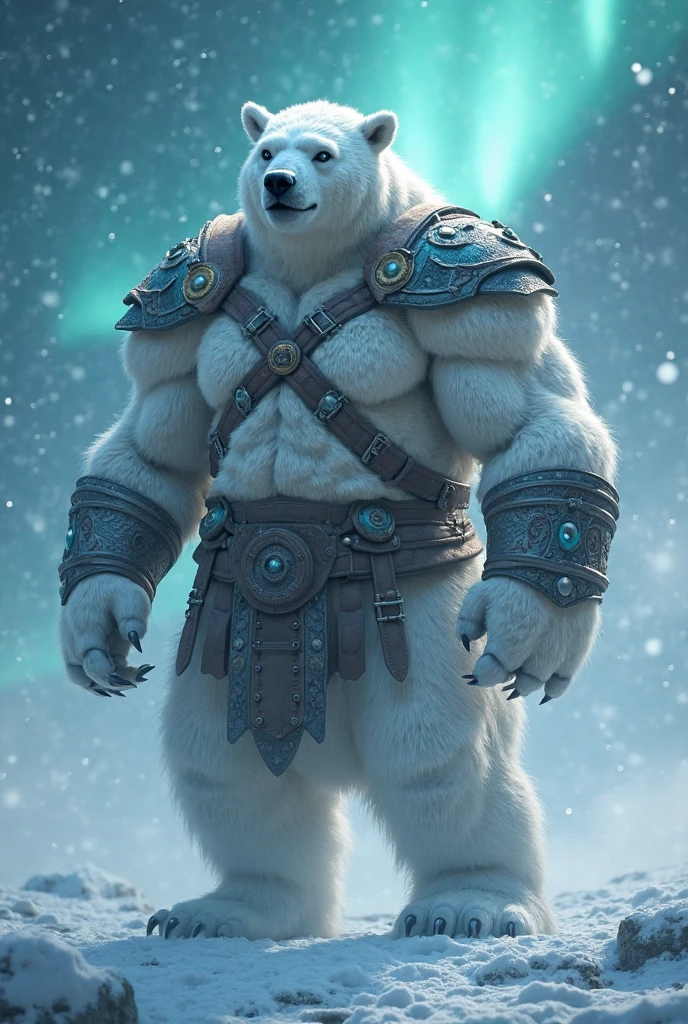 Polar bear stands looking at the sky Medium muscular, frozen planet setting, snowstorm , zoomed in on crotch, , chunie, darkgem