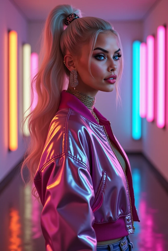 Portrait, cool looking female rapper, at a neon light show at night, (EP_SydneeGoodman:0.99), closeup, wearing turtleneck glitter sweater, infinite reflections, intricate detail, dim lighting, detailed background, starlight, streetlights, detailed clothes, skinny, shiny glossy skin, subsurface scattering, glitter, Nikon D850 film stock photograph Kodak Portra 400 camera f1.6 lens, rich colors, lifelike texture, dramatic lighting, unreal engine, trending on ArtStation, cinestill 800 tungsten, covermeinroses