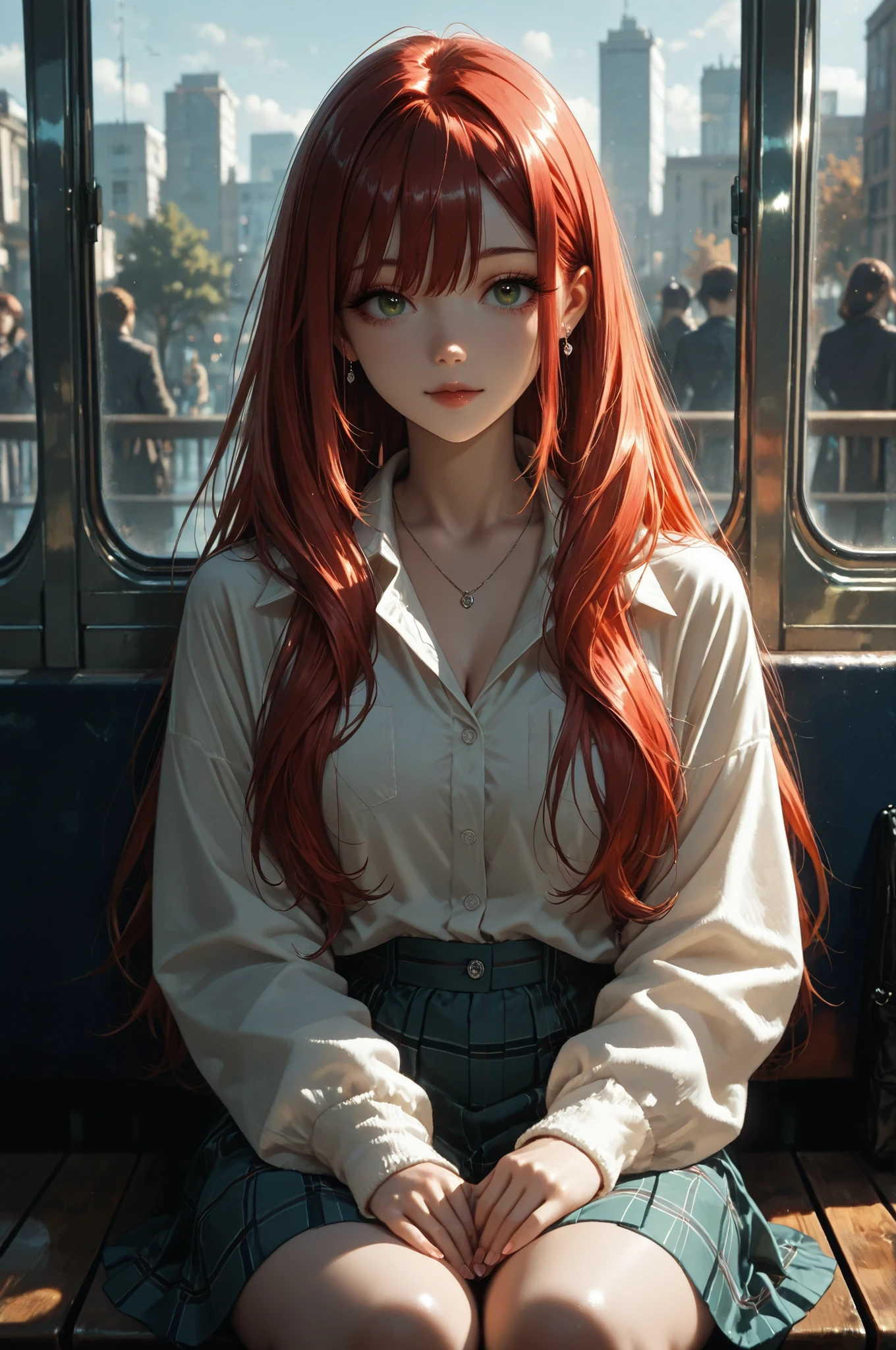 of a red-haired teenager, with long hair and beautiful green eyes, she is sitting alone on a bench in the city park, in the background you can see a small lake, oaks and cherries, At dusk the beautiful, the leaves fly up the neck the wind moves her hair , She is completely alone, Reflective , meditando es una imagen high quality, masterpiece, masterpiece, Maximum Quality imagen de foco lateral hermosos y detallados ojos mate,natural three-dimensional effect, 8K, masterpiece, (Kitagawa Marine), Alone, high quality, masterpiece, masterpiece, Maximum Quality,better quality,8K,High Resolution,High Resolution,masterpiece, 8K, masterpiece, (Kitagawa Marine), lateral (vista lateral): The camera is located directly next to the subject. an image seen from a distance, an incredible wallpaper