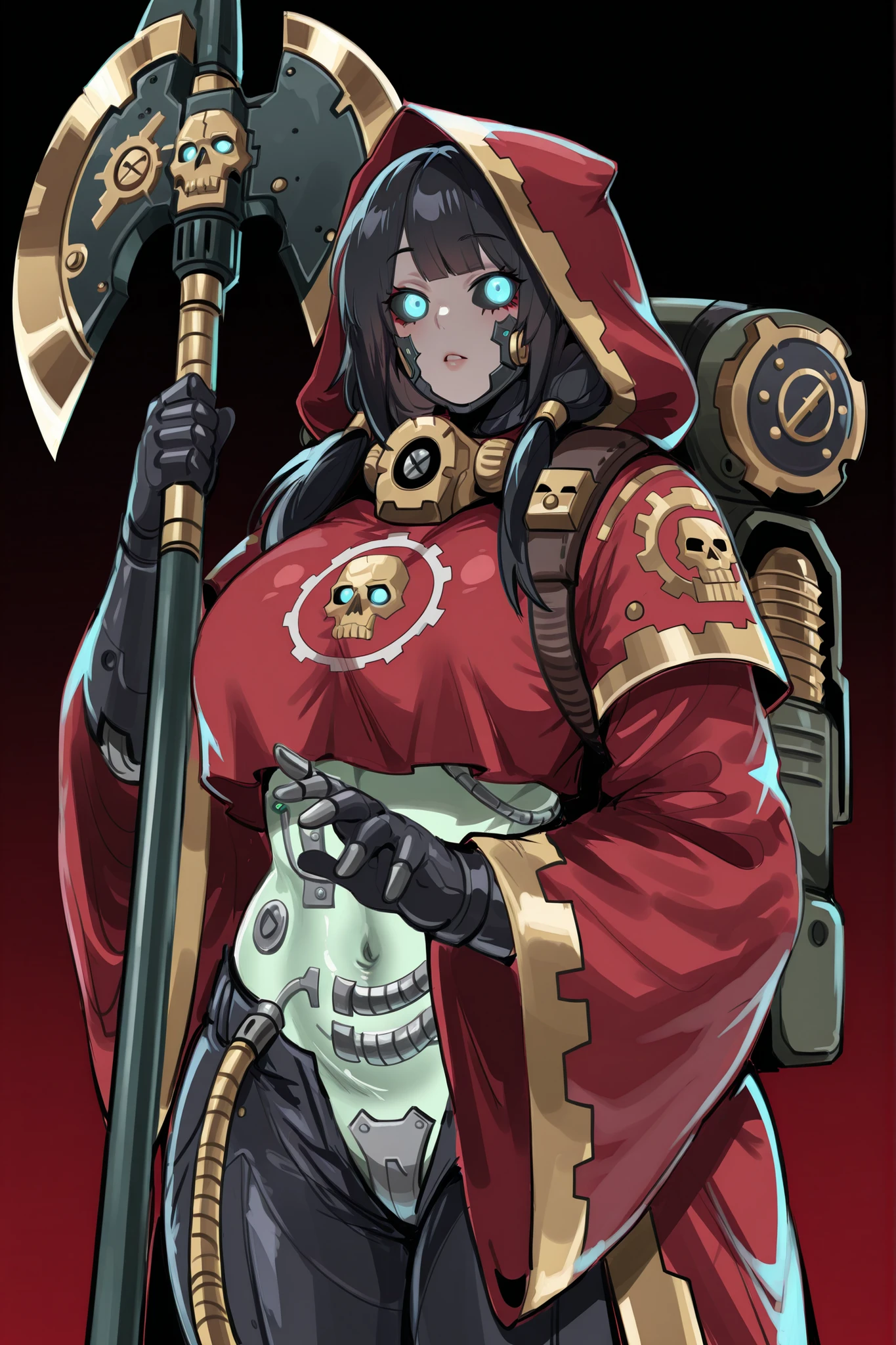 kurenaiz, masterpiece, best quality, amazing quality, very aesthetic, high resolution, ultra-detailed, absurdres, newest, warhammer 40k, 1girl, Adeptus Mechanicus, black hair, red mechanicus robes, exposed midriff section, glowing green bionic eye implant, human body with metallic implants, dark Mechanicus backpack, two-handed Omnissian power axe hold on one hand, partial cybernetic enhancements, gothic industrial setting, technical details, brass and copper accents, dark atmosphere, mechanical parts integration BREAK,