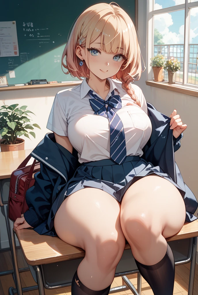 pink hair, blue eyes, big lips, wearing pink lip gloss, long double ponytails hair, collared shirt, hourglass figure, (narrow waist), thick thighs, window, classroom, penthouse view, defined stomach, cubicle, light smirk, sitting, seductive pose, simple background, cleavage, leather skirt, teacher uniform, teacher, micro skirt, detailed face and eyes, foot up, mid stomp, high heels, midshot, hair ribbon, hair clips, tweed blazer, from below, stomping