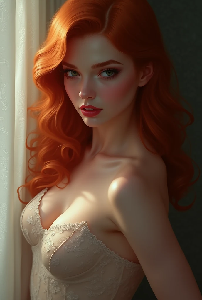 Sexy redhead girl showing all body in underwear 