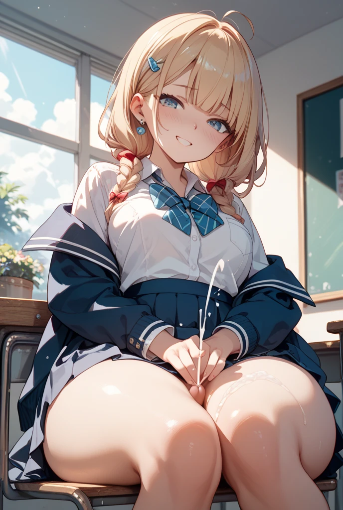 score_9, score_8_up, score_7_up, source_anime,A teenage blonde Japan gal crosses her arms and legs and looks down with a dominant expression. Sweaty in summer classroom with open chest uniform and legs up