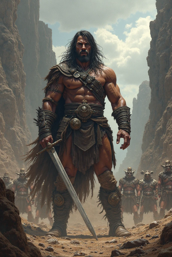 An illustrated movie poster, hand-drawn, full color, a fantasy barbarian, 25 years old, male, brown eyes, voluminous curly mullet, suntan complexion, soft facial features, medium height, broad shoulders, stocky physique, slightly chubby, lots of body hair, wearing a patchwork tunic and hose, walking through a scorched battlefield, resembles Dean Cain, hard shadows, graphite shading, stencil marks, airbrushed acrylic paint, masterpiece, in the style of the Lord of the Rings