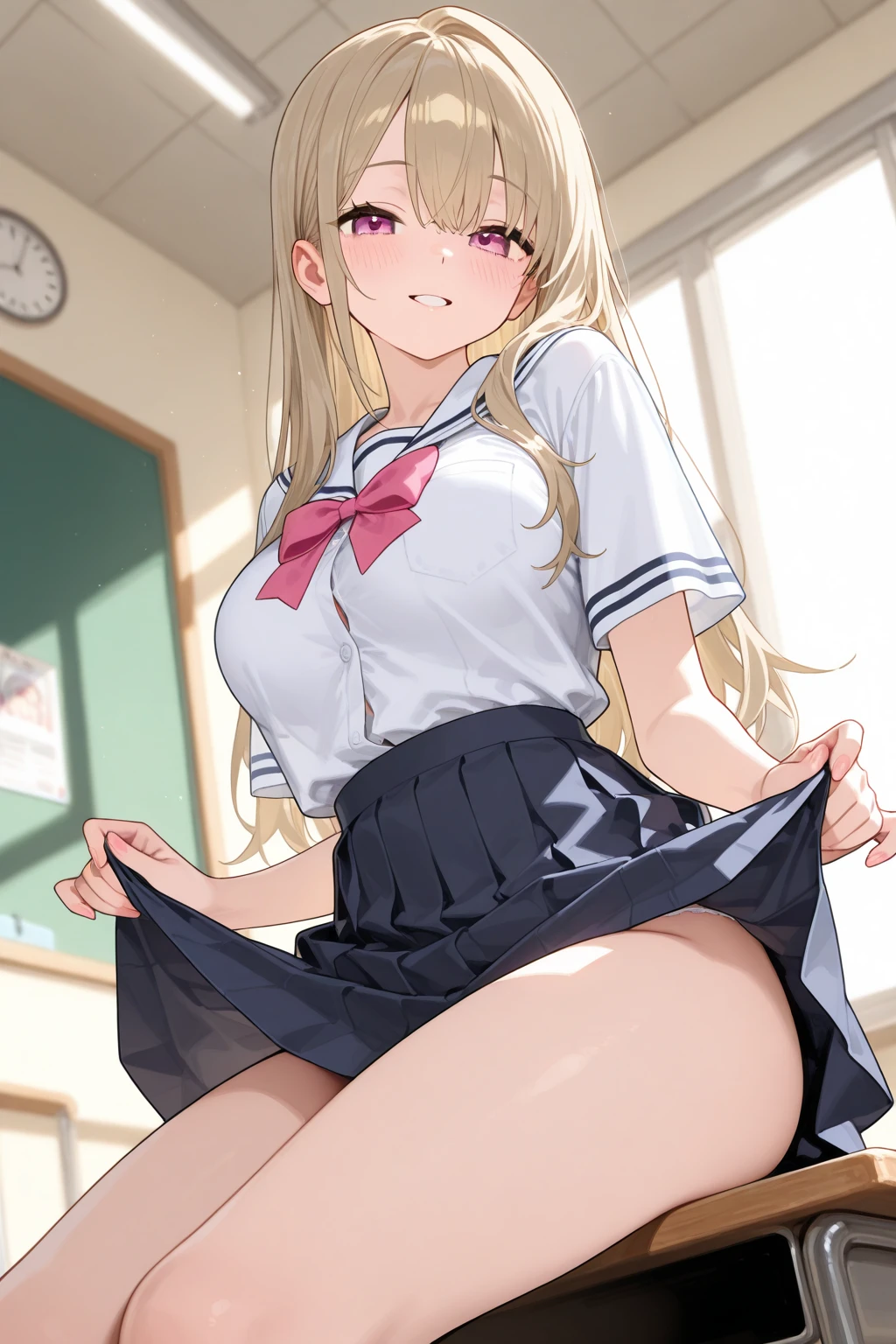 (((highest quality,detailed,))),One Girl,Sailor suit,Short skirt,Black Skirt,classroom,Blonde,Long Hair,(Black gal),(Brown skin:1.3),Side Tail,Earrings,Underwear that digs into,(loose socks),Loose socks,White socks,Thick thighs,Shooting from below,Shiny underwear,Spread your legs,Showing off your underwear,((squat)),Get on the desk