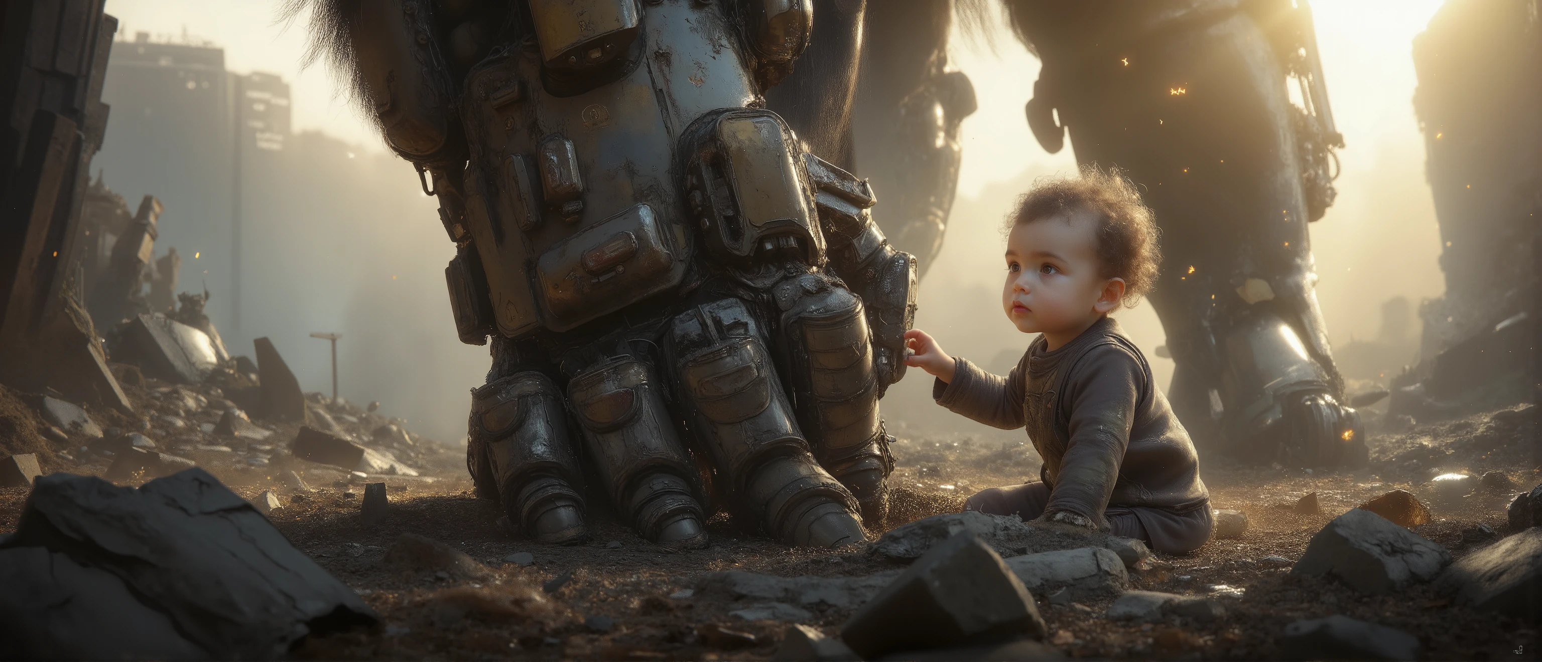 epic oil painting. quality 16 thousand, correct gravity, Hyperrealistic photo, monumental scale.  in a huge , post-battle destroyed cityscape at the golden hour, small paltier, incredibly sweet baby (1–3 years, chubby cheeks, Wide innocent eyes, soft focus on skin texture) gently holds massive, the battle-wounded tip of the index the finger of colossal battle fur. Fur is on his knees, eclipsing the child — his armor is heavy, worn metal with welding marks,  scratches, and muted camouflage colors/gunmetal colors. Extreme scale contrast: hand barely wraps around the knuckle.  epic, cinematic lighting with surround rays. The focus on the child's innocence and the child's silent, protective silence. style: photorealistic, Gregory Crewdson meets the conceptual art of military science fiction. --ar 16:9 --style сырой
