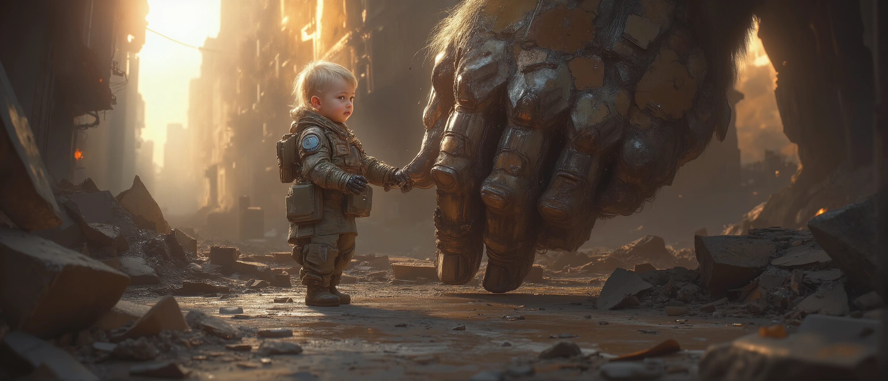 epic oil painting. quality 16 thousand, correct gravity, Hyperrealistic photo, monumental scale.  in a huge , post-battle destroyed cityscape at the golden hour, small paltier, incredibly sweet baby (1–3 years, chubby cheeks, Wide innocent eyes, soft focus on skin texture) gently holds massive, the battle-wounded tip of the index the finger of colossal battle fur. Fur is on his knees, eclipsing the child — his armor is heavy, worn metal with welding marks,  scratches, and muted camouflage colors/gunmetal colors. Extreme scale contrast: hand barely wraps around the knuckle.  epic, cinematic lighting with surround rays. The focus on the child's innocence and the child's silent, protective silence. style: photorealistic, Gregory Crewdson meets the conceptual art of military science fiction. --ar 16:9 --style сырой
