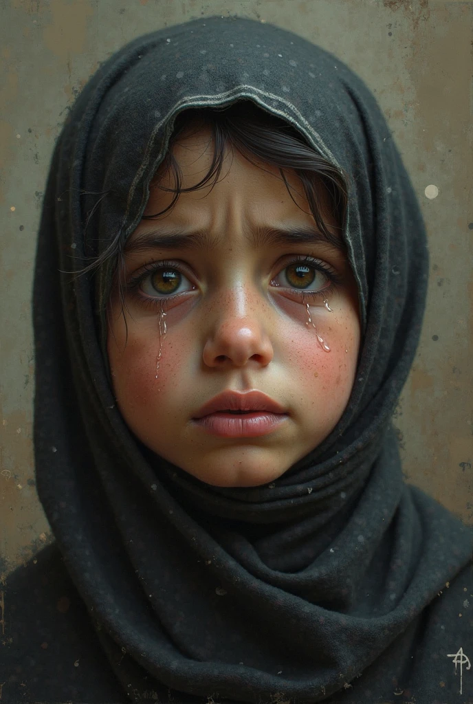 Realistic crying muslim child in war in black and white