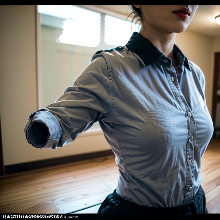 A dark-haired, hyper realistic, 1woman in, Empty-handed home,Detailed movements,athlete,fluid and powerful body,Wearing traditional karate gi,Black belt,Deep Focus,Master of martial arts, beautiful, goddess 