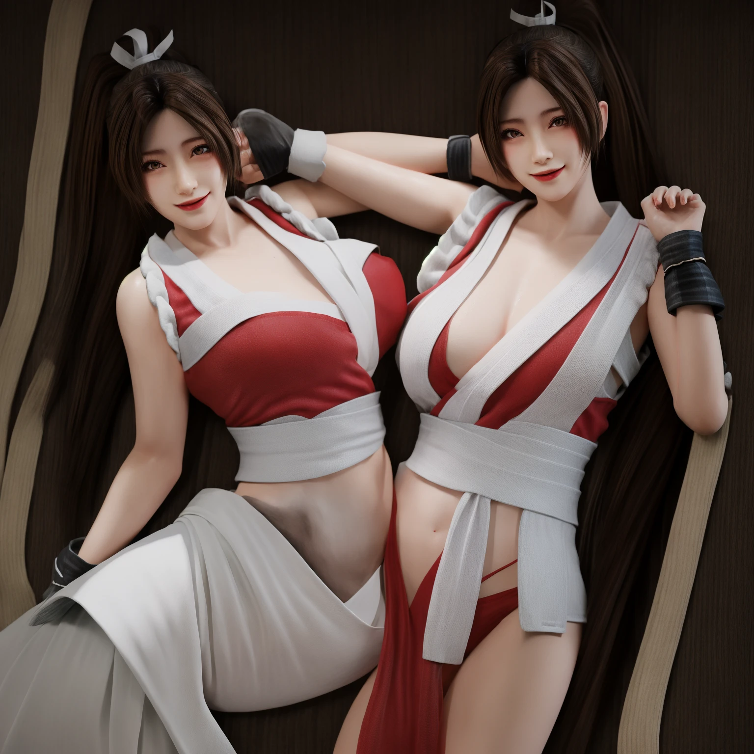 Usually detailed CG Unity 8K wallpaper,(tmasterpiece),(best qualtiy),(ultra - detailed),(Ultra photo realsisim),(best character detail:1.36), 1girll, japanese beautiful woman,ssmile,brunette color hair,the golden ratio,(com rosto detalhado:1.2),PureErosFace_V1,(gigantic cleavage breasts:1.35),,(smooth thigh:1.2),,ice cave,Ice World,Ice,Snow,Ice water,RAW photogr,retro poster,Wartime posters,Nikon D750 f / 1.4 55mm,RAW photo,profesional lighting, physically-based renderingt,Bigchest,pony tails,mai shiranui,Sat down