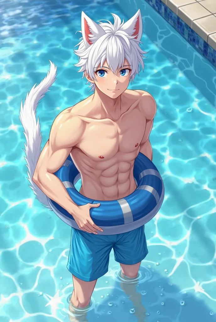 Hi Res,(masterpiece,best quality),super detailed,kogenta (Onmyou Taisenki),White Tiger,Boys,180cm,High and high,Fluffy,HD,Red eyes,swim,No clothes,Wearing swimming trunks,Standing by the pool,Hands behind head