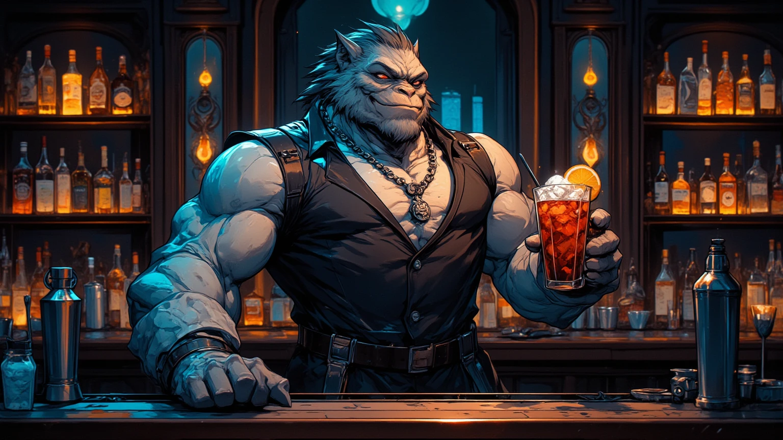 He by takemoto arashi, by milkytiger1145, by donkeyramen, by wfa, anthro,furry,kemono,male,at bar pub, (adventurer costume), drinking beer, anthro,furry,kemono,handsome,gray wolf,gray fur,male,group shot, crowded, detailed background, looking pleasured,enjoying, (high quality, highres, masterpiece), ((fluffy fur, fluffy, furry body)), detailed fluffy fur, detailed face, detailed eyes, middle-aged, (((muscular))), fotografia de Corpo completo imagem de corpo inteiro, low side angles. Detailed image dynamic image. He doesn't wear clothes.