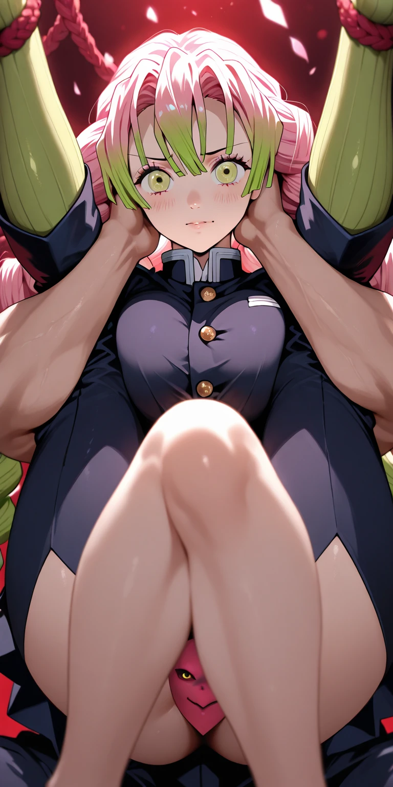 NSFW:1.6,(Magazine Cover、とても大きなchest、Sex:1.8)、((From below:1.2))、(Squat down and show off your crotch)、(Dynamic pose:1.1), かわいいOne girl, Highest quality、超High resolution、High resolution、Highly detailed CG、8K Unit Wallpaper、17 years old、Beautiful attention to detail、(((Mitsuri Kanroji, One girl, Kanroji Mitsuri, Demon Slayer uniform, Mole under the eye, alone, chest, skirt, Knee socks, Multicolored Hair, Green Eyes, green Knee socks, Green Hair, Long Hair, Pink Hair, chestの谷間, smile, Braiding, kimono, black skirt, belt, Haori, pleated skirt, zettai ryouiki, Gradient Hair, miniskirt, Partially unbuttoned, Long sleeve, large chest, Mouth closed, Two-tone hair, Open clothes, Ribbed legwear, )))、(Wet body:1.4)、(Shiny body,:1.6)、 blush,Embarrassed、(Expression of pleasure:1.5)、(Exposed nipples)、red blush、Shy、