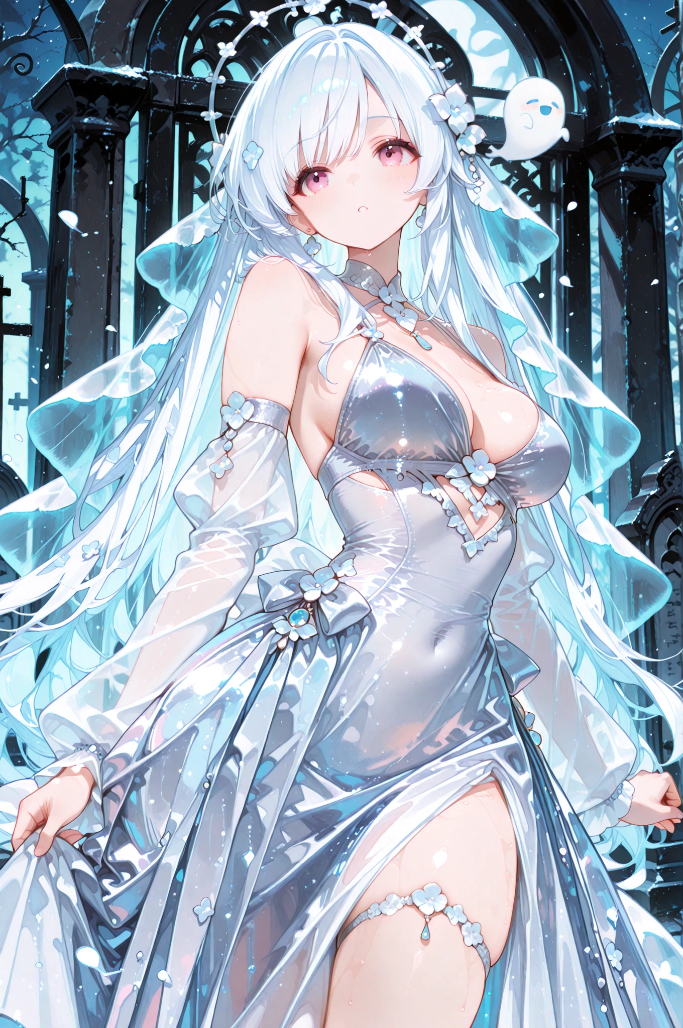 Paradise in Heaven, White lighting,(masutepiece), (Best Quality), (Cinematic), 8K, (art  stations), Li Yue painting style.(長いWhite hairとSilvery eyesを持つ1人の女), (Beautiful delicate face)、[ Particle Lou Full Moon] [Frozen trees々] [landscape crystal] [Lighting] [Ethereal Atmosphere]:1.1] [Fantasy, short story] [soft Lighting] [+Cinematic shot]:1.2 [+art  stations] [+luminous white background] [+soft Lighting] [soft glow] [Creative and dynamic angles]:1.3, [+Crystal Toning] 、masutepiece, ighly detailed, Ultra-detailed, Solo, (pale skin), Silvery eyes, White hair, (snowy background), (snowflake rosen flower:1.0), (shining crystal),, (Snowy ground), (White lashes), Female sexy、dreamy and detailed, Gorgeous setting, 妖しい雰囲気 masutepiece, The most beautiful scenes, An majestic、(((full of white flowers)))、quiet and serene atmosphere、A charming, all white tones,Inside the crystal library,Transparent flowers and falling snow，Many white roses are planted,(flowingwater,falls,water bloom),The decoration is also carefully done.,Dreamy（ighly detailedです，Creative Design，crisp and precise lines，K HD，best qualtiy，tmasterpiece，超hight resolution，4K）、Diverse poses、((beautiful white flower hair ornament))、Beautiful hairstyle、(Best Quality, 4K, 8K, hight resolution, masutepiece:1.2), Ultra-detailed, Detailed expression, Graceful posture, expressive brush strokes, mystic atmosphere, artistic interpretation,Delicate floral jewelry， (((Detailed design、Beautiful lace translucent dress、see-through small dress)))、(SFW:1.5), (Oversized breasts, best body proportions, proportions of large breasts,:1.5),(white decoration on thigh)、((Beautiful crystal accessories on the legs))。((Beautiful crystal accessories on the arm))、(((maikurobikini)))