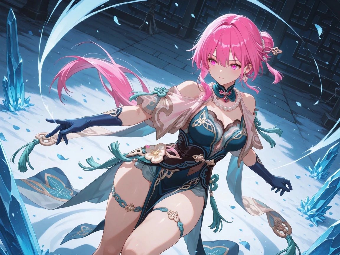 (extremely detailed CG unity 8k wallpaper,masterpiece, best quality, ultra-detailed, intricate detail),(best illumination, best shadow, an extremely delicate and beautiful), 1girl, absurdres, bangs, bare shoulders, blue hair, blunt bangs, blush, breasts, brooch, collarbone, detached collar, detached sleeves, hair ornament, highres, jewelry, long hair, medium breasts, midriff, multicolored hair, navel, pink hair, purple eyes, short shorts, shorts, smile, solo, stomach, streaked hair, thighhighs, very long hair, wavy hair, white shorts, white thighhighs