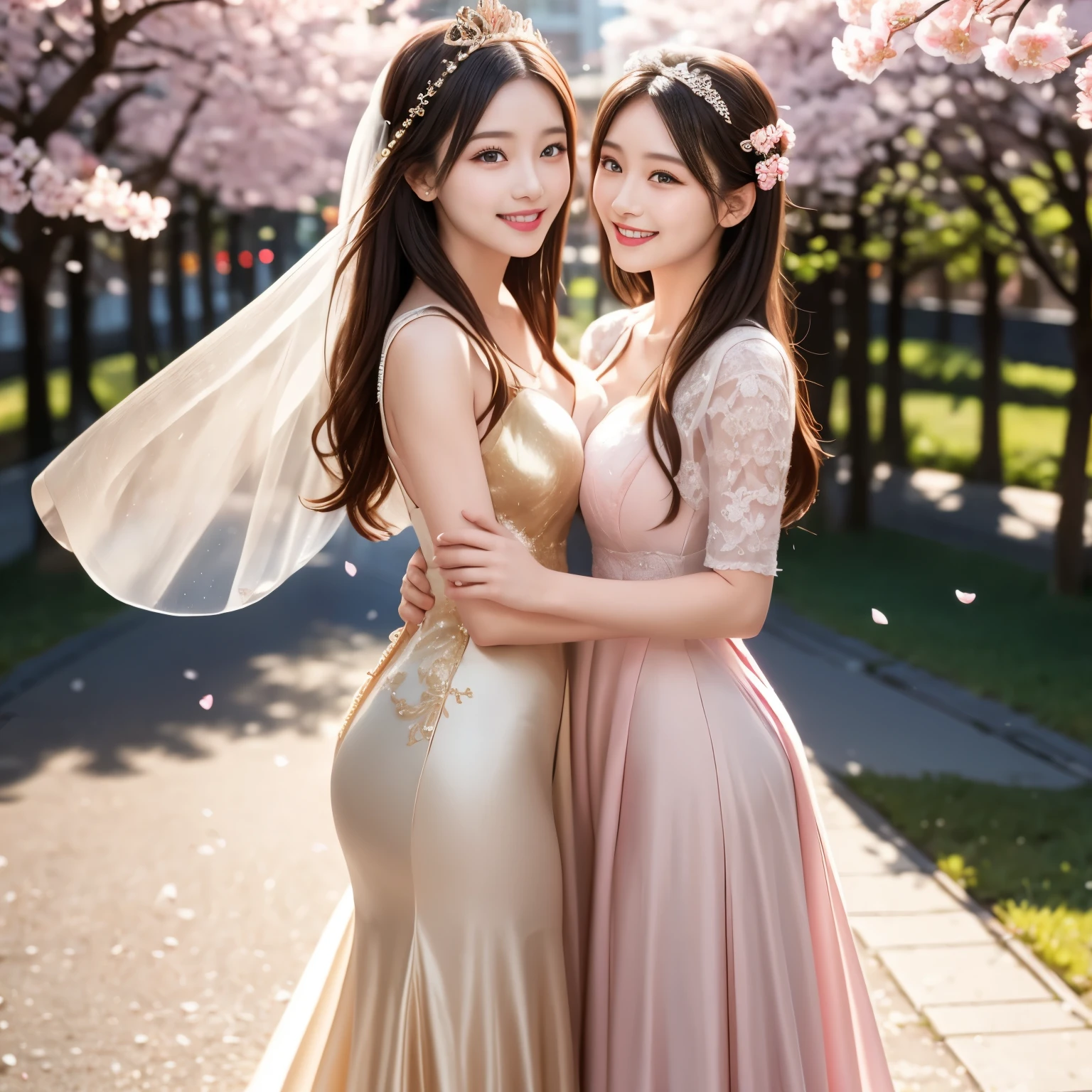 (masterpiece, best quality), (photo-realistic:1.3), warm soft sunlight, spring atmosphere, countless cherry blossom petals gently floating in the air, two girls standing under a cherry blossom tree-lined path, one with long flowing black hair, the other with long golden blonde hair, both wearing elegant wedding dresses with tiaras and sheer veils, one girl hugging the other lovingly from behind, both smiling gently and looking at the camera, deeply emotional and heartwarming scene, best friends, soft focus background with delicate pink blossoms, full body view, high detail in facial expressions, fabric texture, and hair movement