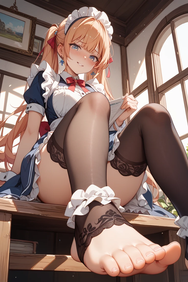 (footjob:1.3), Masterpiece、Highest quality、Highest quality, (long and thin legs, shoes:1.2), Arm behind wrist, squat、Spread your legs、1 girl, (smile、Open your mouth大笑い:1.2), Cute eyes, (Detailed face:1.3)、Open your mouth, The whole face turns red, alone, Big and ample breasts, (Straight bangs, Twin tails), White maid outfit、Side bust、Underbust、belly button、Walking through the mansion&#39;corridor、nsfw