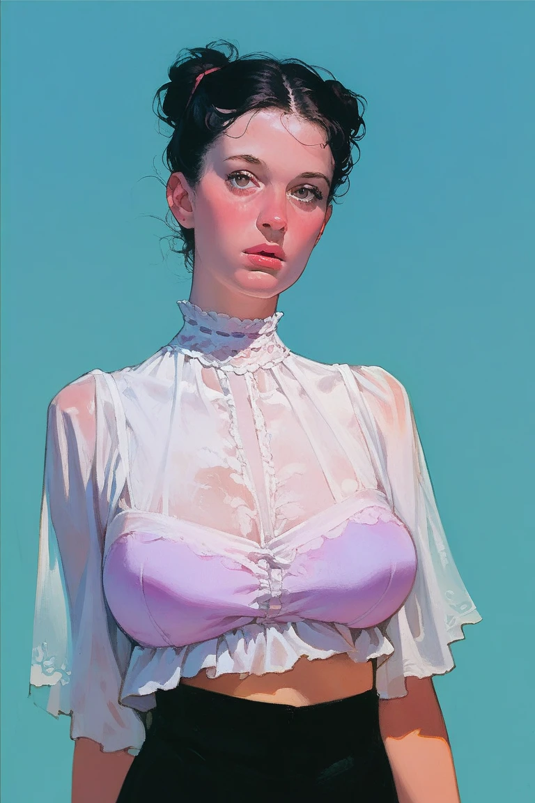 A realistic rendering of a Gustav Tenggren style illustration of a very close shot, ultra close shot on the breasts of two pert, nubile, thin, freckled teen girls with 50s style, very short light brown hair, bows in hair, slight smile, topless, best quality, tiny breasts, bare breasts, small breasts, bare crotch, exposed crotch, pink nipples , puffy nipples , exposed nipples , wearing glowing, neon, clear, blue, plastic body armor, clear blue plastic armor, glowing, neon , clear, blue, plastic body harness, clear, blue, plastic body cage, glowing, neon blue bondage straps, black, spiked choker necklace, black leather jacket, a silver chain wrapped around body, open, white blouse, white lace collar, pastel lace, pastel lace straps under nipples, pastel lace straps under breasts, open light blue, fuzzy sweater, undressing,
uniform, partially clothed, sitting in a bondage harness swing, in a dark, 1950s teen girl's bedroom, glowing blue, neon lights, full of bondage straps,, ultra close shot on breasts