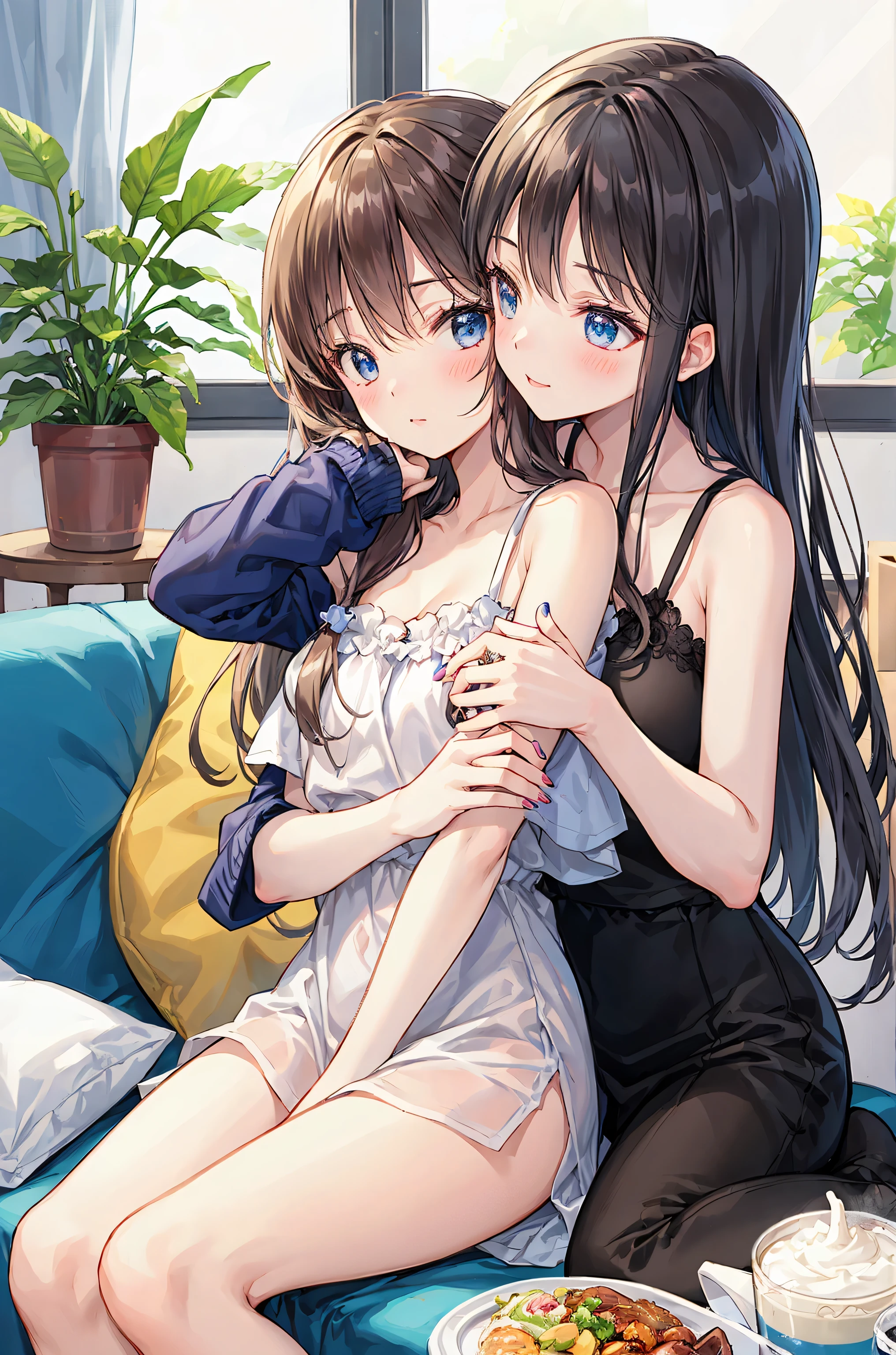 How to sit a girl,Written boundary depth, Delicate eyes, Distinctive nose line,Fine skin、Smooth、Perfect beauty、Small breasts、thin,((Natural style)),Brown Hair、Truly beautiful、Beautiful profile,Perfect Style,Ahegao,((Boyish clothes)),Shortcuts,Western-style room,On the bed,The lighting is dim,My face turned red,Don'Do not fold your hands,Legs do not cross,((Kiss between girls)),((Embrace and kiss deeply))、((Kiss the Eyes)),((Half naked))、((Girly clothes)),Fingers in the crotch