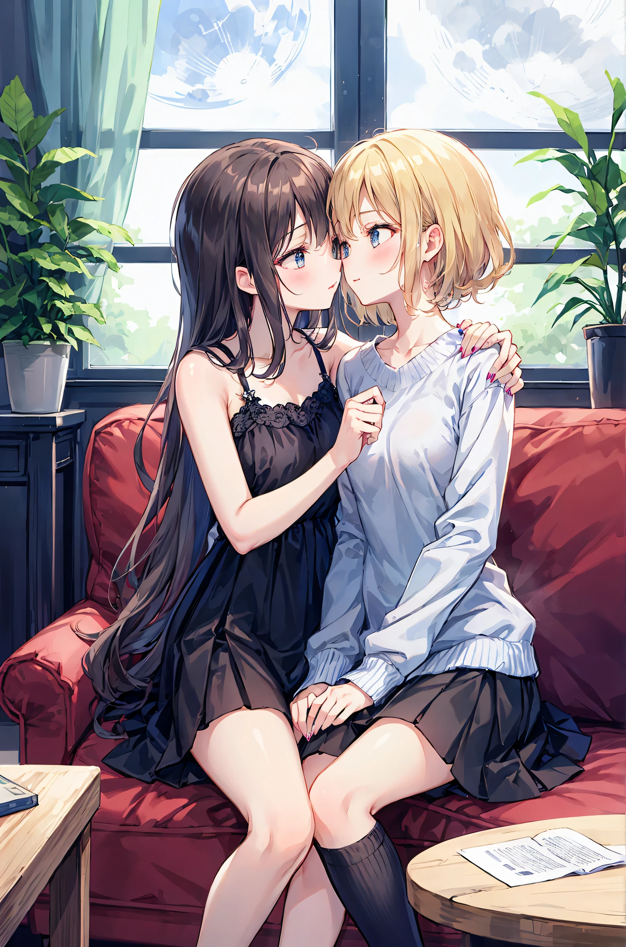Couple in their 20ale1名, woman1名、Both men and women should wear casual attire.、Shiny atmosphere、woman（Medium long brown hair）close ~ eye、Sweet Sigh、male（Black Short Hair、右手をwomanの頬に当てる）tightly close your eye、With background（room、sofa）、The night deepens、dark、Anatomically correct limbs、The girl is a little thin，fun，Ideal couple，French kiss，Girls blush，