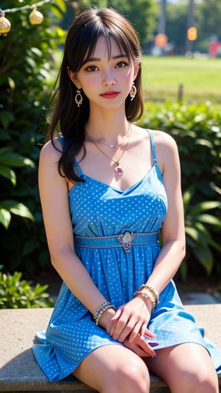 best quality, masterpiece, 1girl, (polka dot dress), (indigo dress), hair ornament, necklace, (jewellery:1.8), Beautiful face, small breasts, tyndall effect, photorealistic, rim lighting, two tone lighting, (high detailed skin:1.2), dslr, (spreading light:1.5) soft lighting, high quality, volumetric lighting, candid, in the garden, Photograph, high resolution, 4k, 8k, Bokeh, sitting,