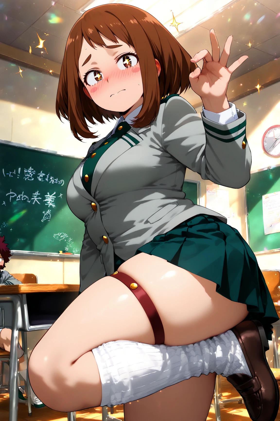 Highest quality, High resolution, masterpiece, (Beautiful Eyes), (Fine grain), Detailed face, kumiko oumae, Brown eyes, Brown Hair, short hair, Wavy Hair, smile, blush, skirt, shirt, Long sleeve, , pleated skirt, neckerchief, brown skirt, White sailor collar, brown shirt, Kitauji High , red neckerchief, indoor, classroom, Chair, machine, belly button, (Panties丸見え:1.5), (Wide pelvis:1.5), (Big Ass), (Polka dots_Panties:1.5), (Plump thighs), (Pubic hair sticking out:1.5), (Kicking the boy:1.5), nsfw
