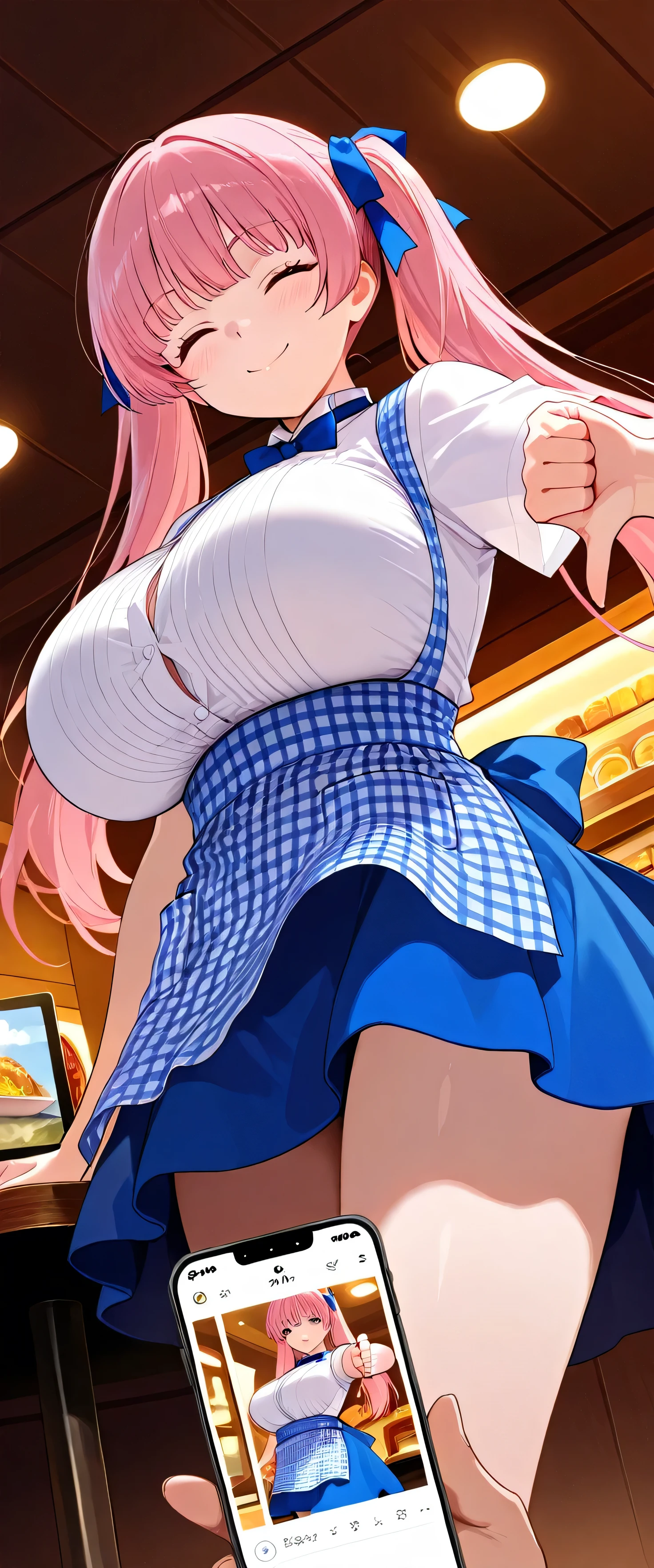 (best quality:1.1), (masterpiece:1.4), (absurdres:1.0),  portrait, close-up,
1girl, low-tied_long_hair, hair ends, very long hair, pink hair, (huge breasts), blue eyes, milkmaid dress, looking at viewer, outdoors, (blush:1.2), city, big ass, smile, young, slutty, dirndl, milk, wide hips, voluptuous, droopy eyes, dumb girl, ditzy, large cleavage, (milk bottles), market stand, (selling milk),
