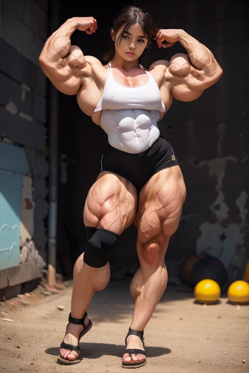 (Best quality,8K,ultra high res:1.5),(Pretty low ponytail long hair tied with red ribbon anime girl),(very voluptuous body),(very voluptuous thigh),(body builder girl:1.5),(wide muscle:1.4),(light black hair),(red bra),(red short skirt),(running on street night time),(back view)
