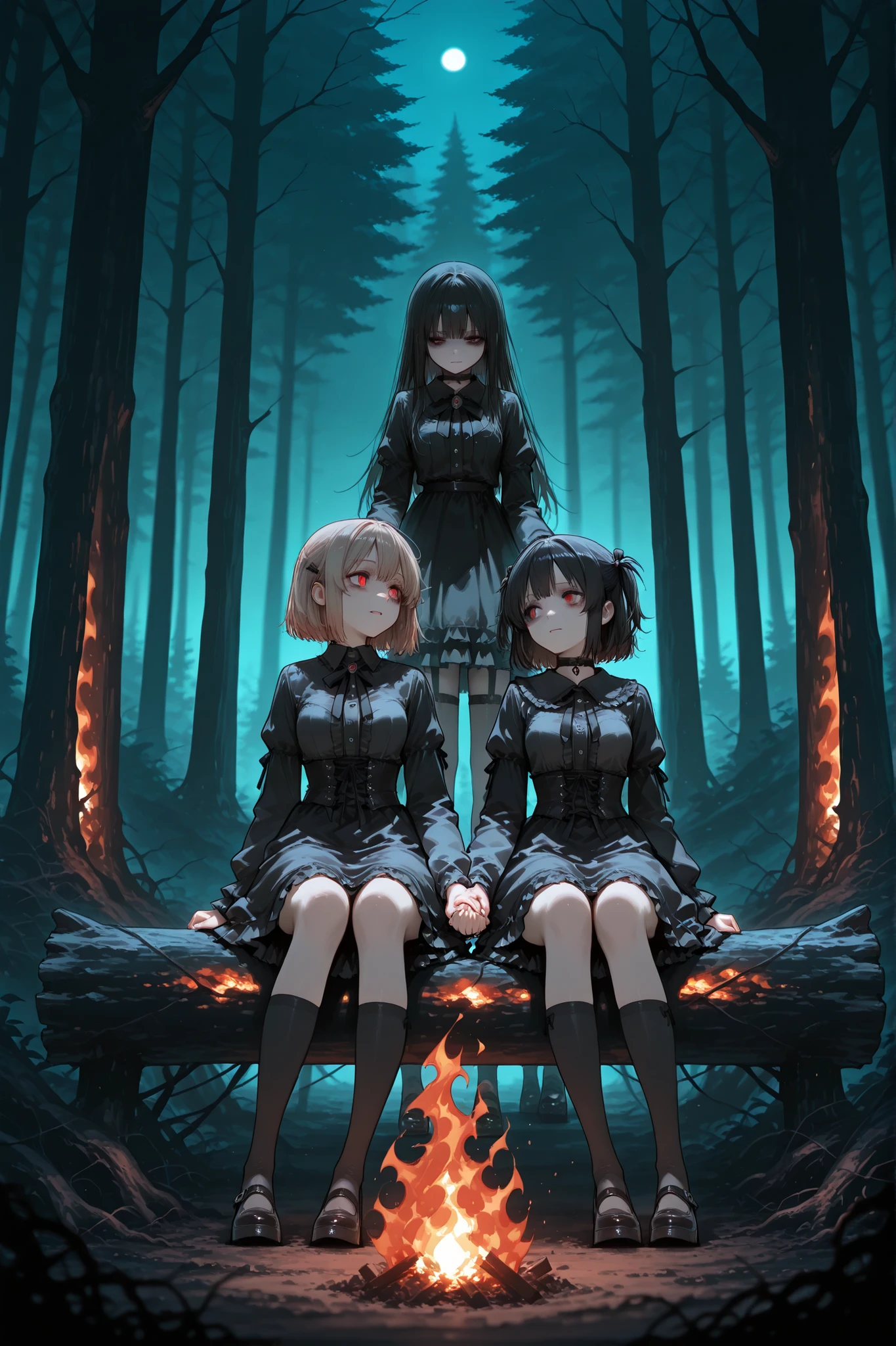 Two girls holding hands, sitting by the fire , at night, in the scary forest , Gothic, Fear