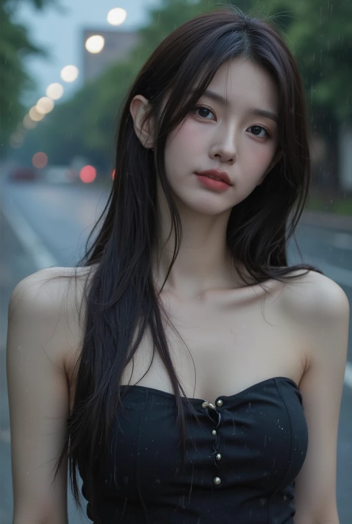 1girl, (looking at viewer:1.2), detail face, (a girl standing, rending on cgsociety, black shadows, streaming, new york backdrop), romanticism, atmospheric, (RAW photo, best quality), (realistic, photo-realistic:1.3), masterpiece, an extremely delicate and beautiful, extremely detailed, D cup,Cleavage,Translucent white tube top1.5,
