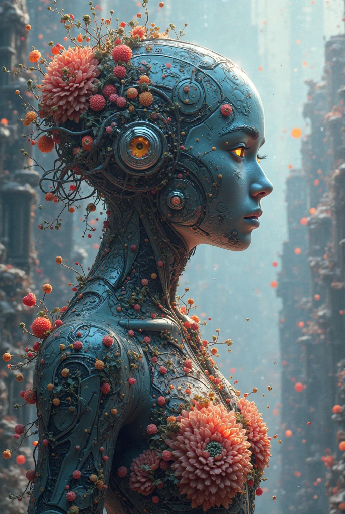 1girl,,(Eve of Decay:1.6)`, partially decomposed cyborg Eve with golden curls entwined with data cables and apple maggots, porcelain-perfect left face vs rusted mechanical right skull, wearing forbidden fruit dress of rotting silk and circuit board collage, virus crystal branches growing from palms, standing beside toppled liquid metal apple tree, neon Eden post-nuke backdrop with decaying roses and digital fireflies, Beksiński-esque dark architecture × Katsuya Terada's chromatic intensity