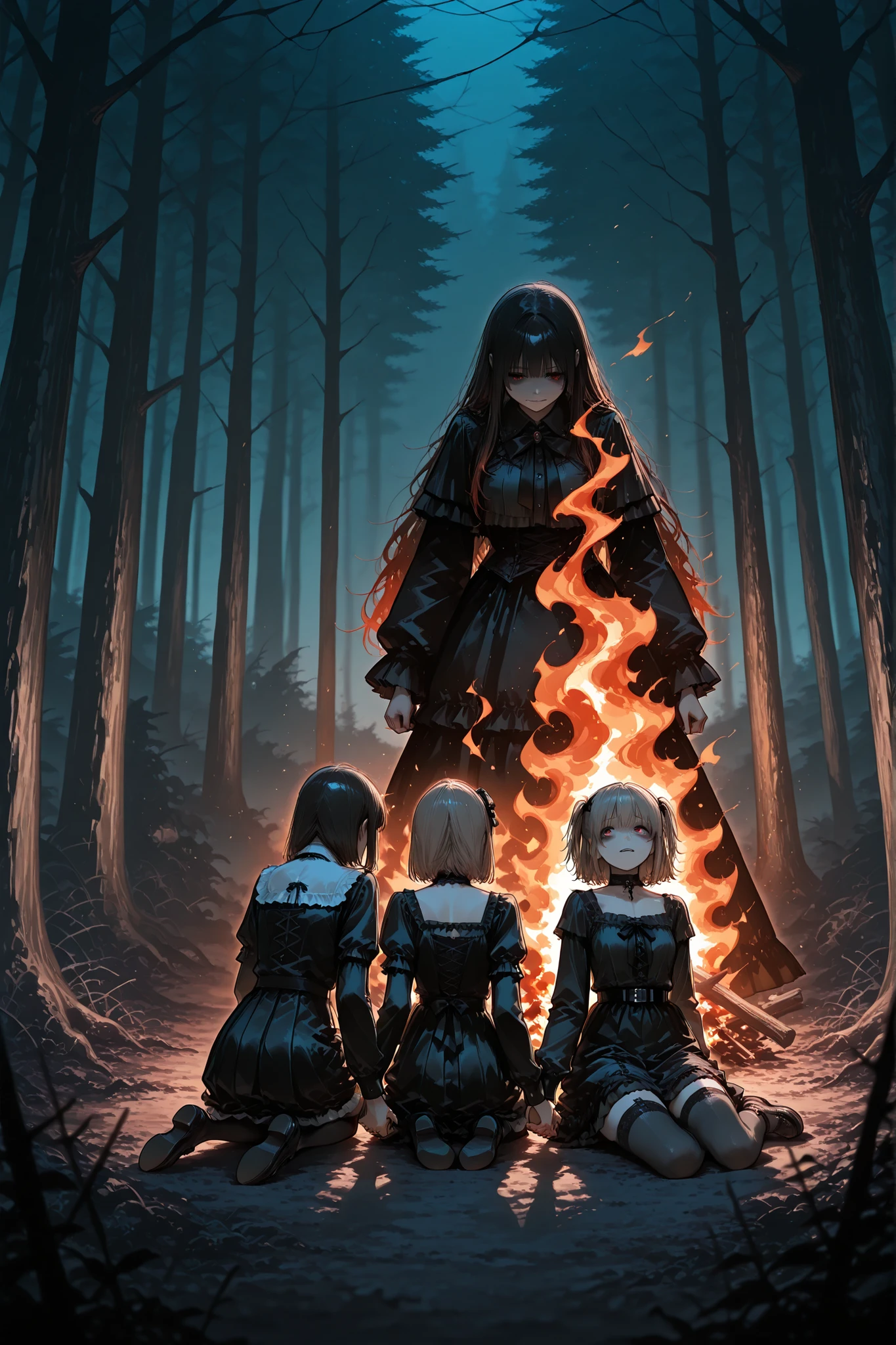 Two girls holding hands, sitting by the fire , at night, in the scary forest , Gothic, Fear