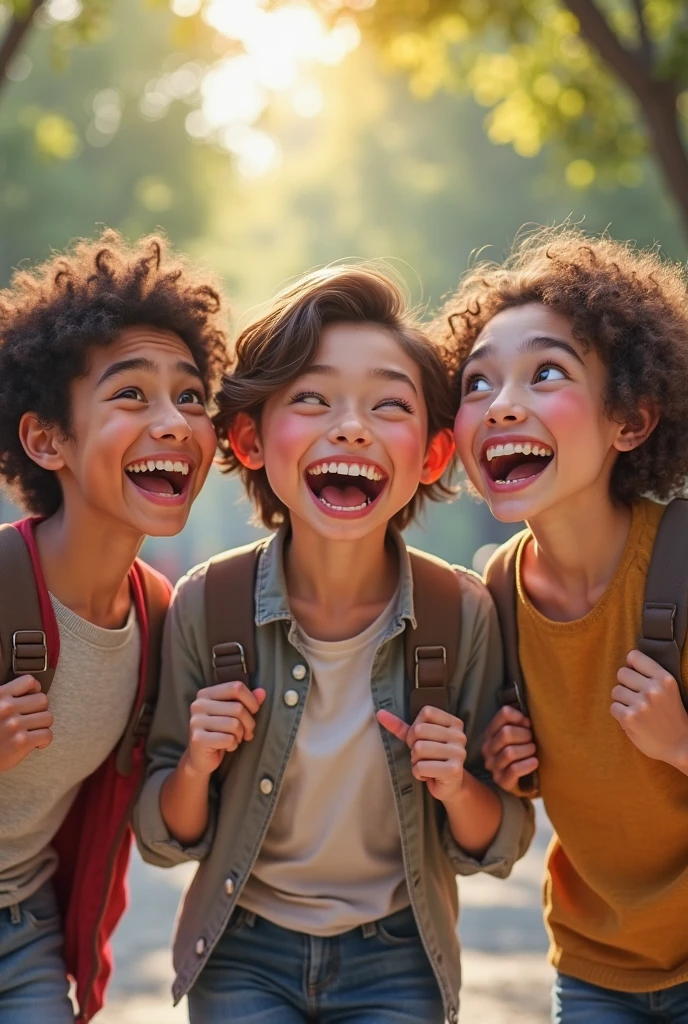 3 boys and girls laughing in a colurfull frame, full upper body --auto --s2