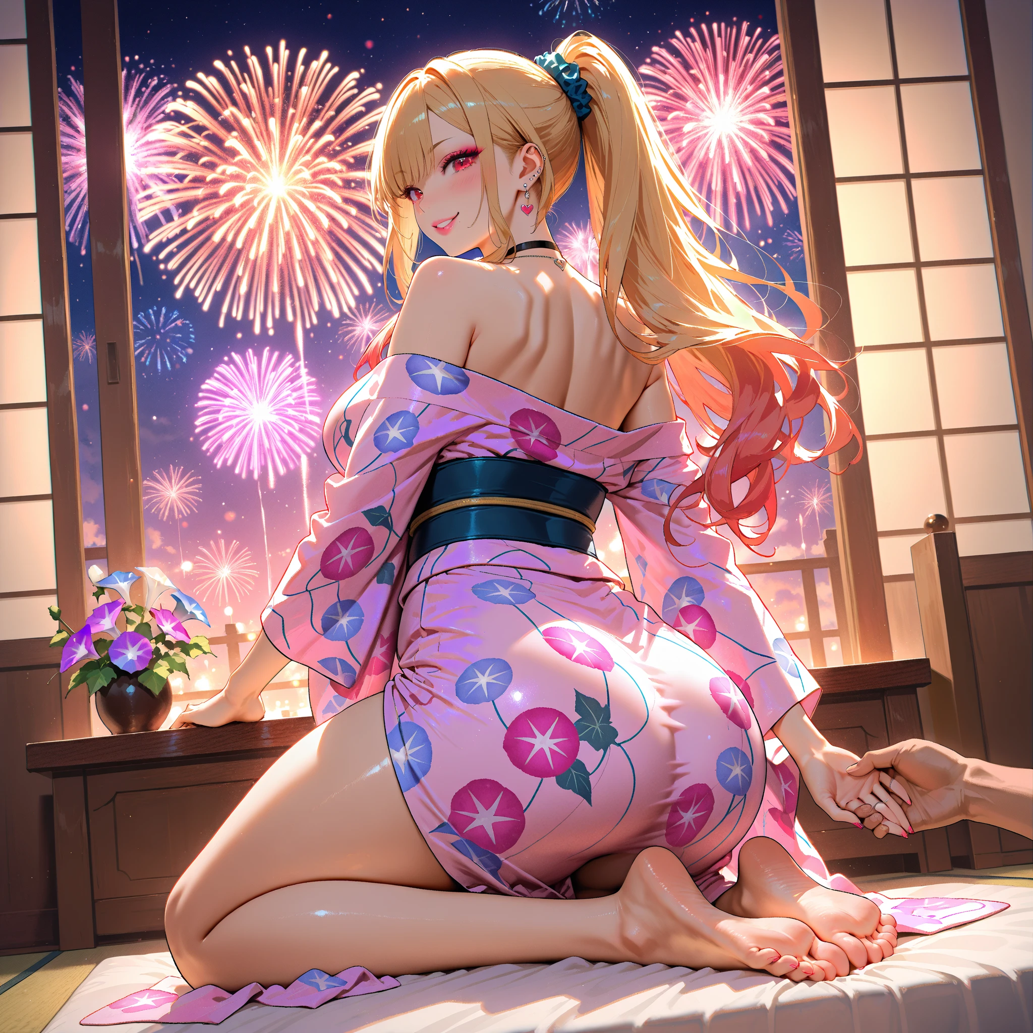 ((one personの女性)), Beautiful Face,Shyly,((Close ~ eyes:2.0)),Sweat,Please open your mouth wide,turn bright red,Glossy pink lips,night,Luxurious Japanese-style room,firework, ((Anime style background)),masterpiece, highest quality, so beautiful, up to date, Complex details, (Pink long nails),AI-generated, Complex,High resolution, highest quality, super high quality,3D Images、View your audience、3D Images,one person,Long Blonde Hair,High Ponytail,blue eyes,Anime woman posing for a photo, [[Fine grain、Colorful eyes、Shining Eyes:1.15]],(Squint your eyes:1.1),a hyperRealistic , hyperRealistic , Realistic,Blonde anime woman with long hair, Smooth anime CG art, A woman in a colorful kimono with gold embroidery, (Black kimono),Red floral pattern,Long flower hair ornament,Big earrings,(Big Breasts:1.4),Mature Body,expensive,Big Ass,Fine details,Narrow waist,Abdominal muscles,Shooting from an angle,Touching the nipple with your fingers,((Breast milk squirting from nipples)),Exposed vagina,Lying down,Leg spread,semen