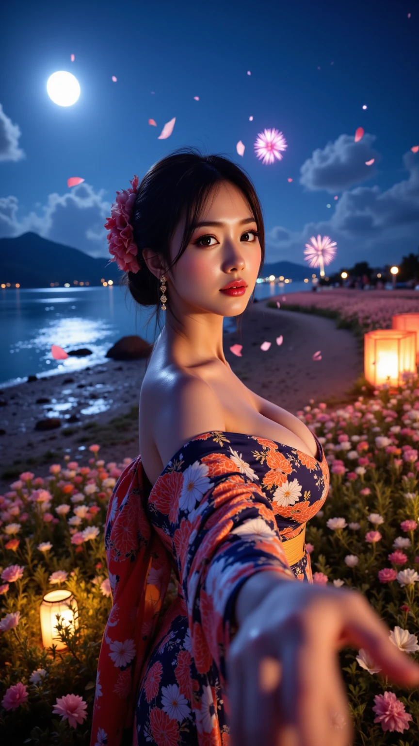 (top-quality,8K,masterpiece),Girl in kimono in front of a lake with fireworks, Extraordinary beauty,Very beautiful Japan models,Bewitching look, Colossal tits,palatial palace , Beautuful Women,Colossal tits,Shoulders are sticking out,Emphasizes cleavage,