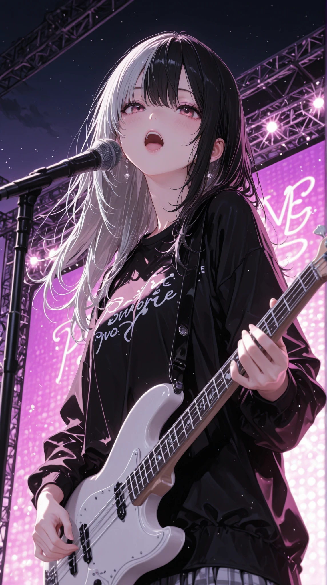 1 girl、Black Haired and Silver Haired Long Hair、Singing powerfully、live venue、Outdoor Live、Stage、singing while playing bass、evening、