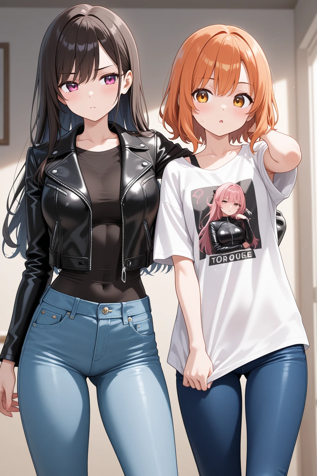 masterpiece, best quality, high resolution, 3girls, (((jeans pants))), ((full body)), crop top, naval, midriff, blush, worried, open mouth, outside, ((((((big pee stain))))))