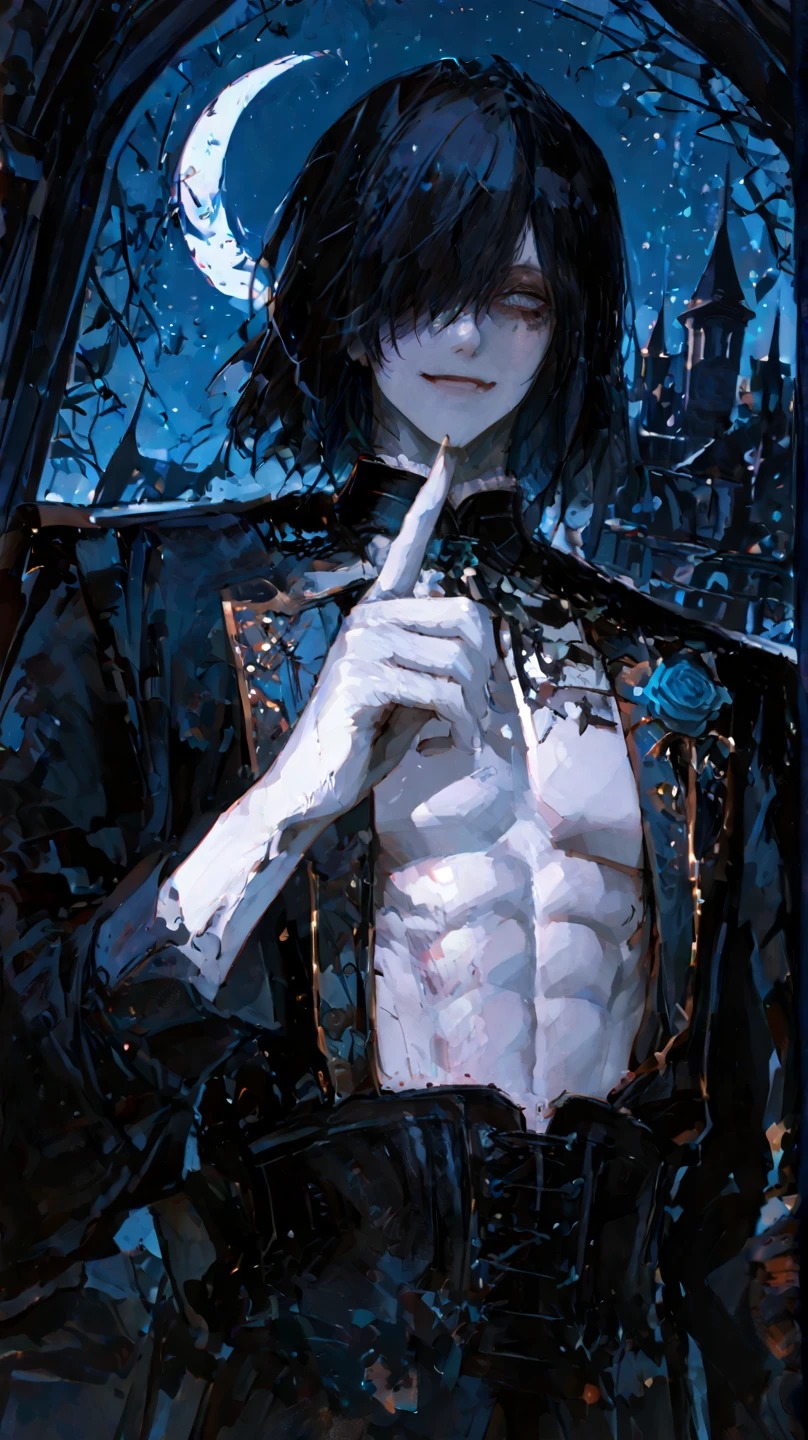 1 men,portraite, messy big hair, Bblack hair, yellow  eyes, Beautiful Mouth, Caucasian skin, vampire appearance, demon horns.