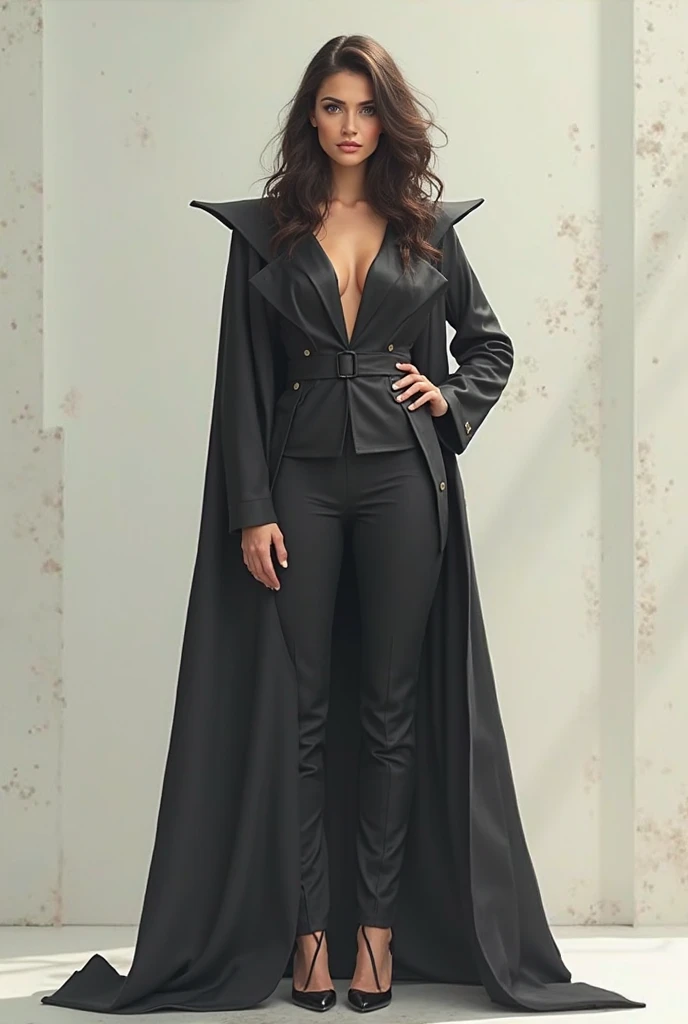 (masterpiece, best quality:1.2), from below, solo, 1girl, ozen, expressionless, closed mouth, looking at viewer, hands on hips, black jacket, cape, black pants, black gloves