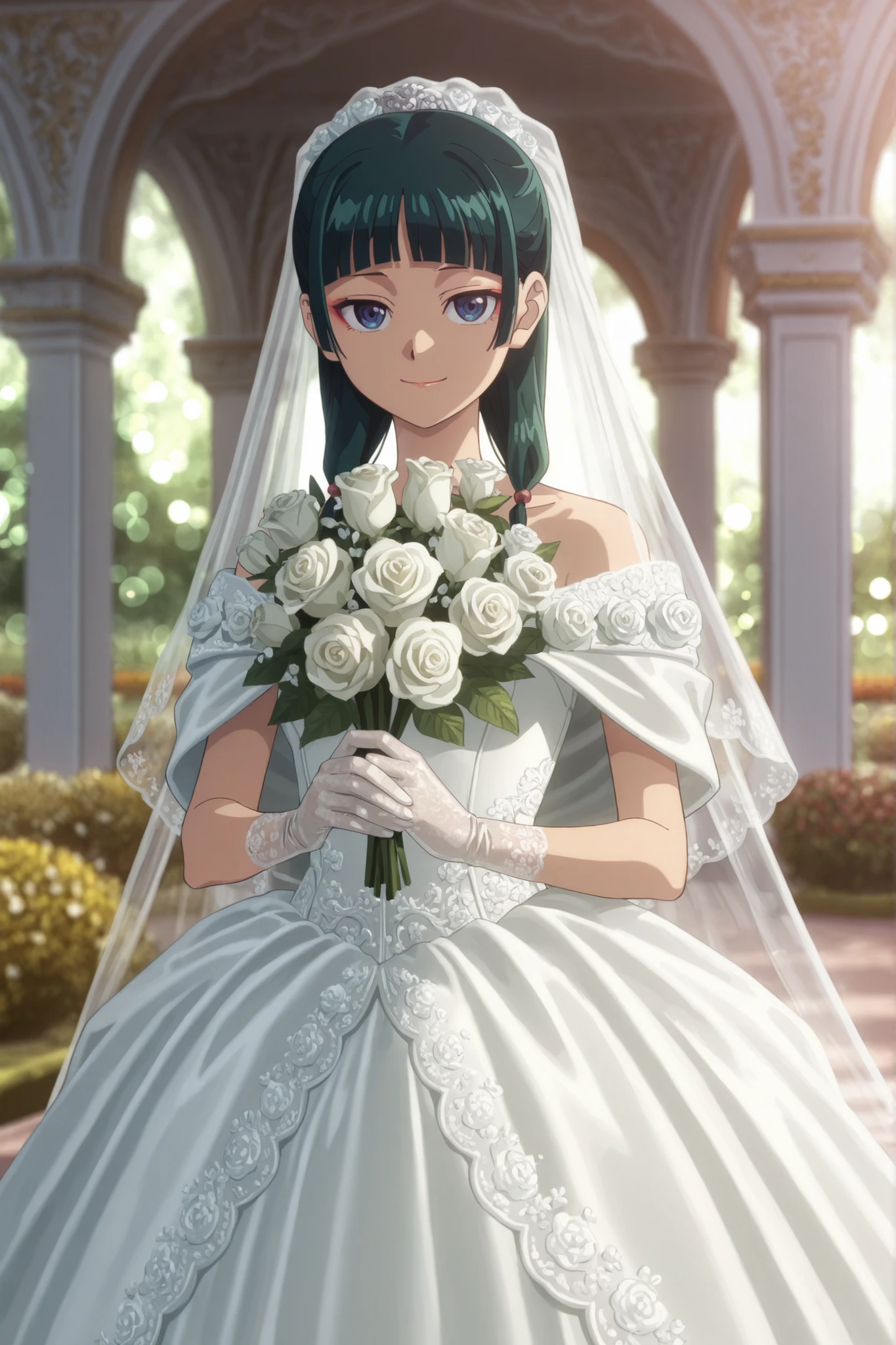 anime coloring,1girl,solo,anime woman,Maomao, green hair, blue eyes,elegant white wedding dress, long flowing veil, intricate lace details, floral embroidery, satin gloves, holding a bouquet of white roses, standing in a romantic setting, soft lighting, delicate makeup, looking at viewer, cosplay, faint smile, closed mouth, garden archway with flowers, cowboy shot, bokeh, depth of field, intricate details, high quality,masterpiece,absurdres