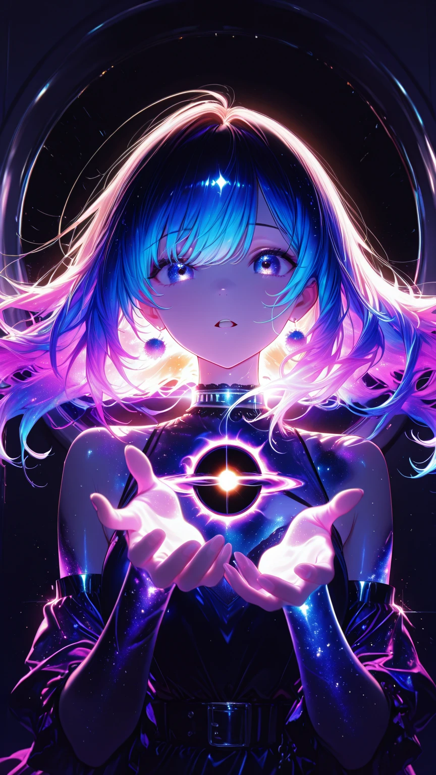 Giles magos oscuros. magos oscuros. ojos azules. cabello rubio. labios rojos. Detailed features.., cosmic colors, Ethereal lighting, Pintura surrealista, High resolution, Otherworldly atmosphere, Seres celestiales. Hermosa diosa