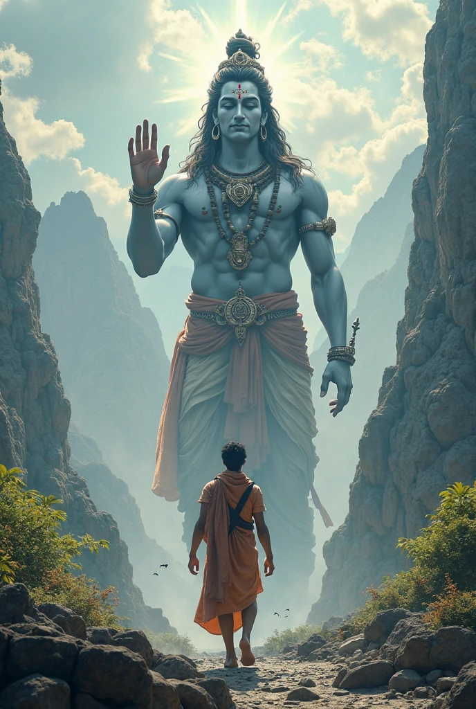 A small cute boy is stopping Lord Shiva from entering into a palace
Background has to be Himalayas