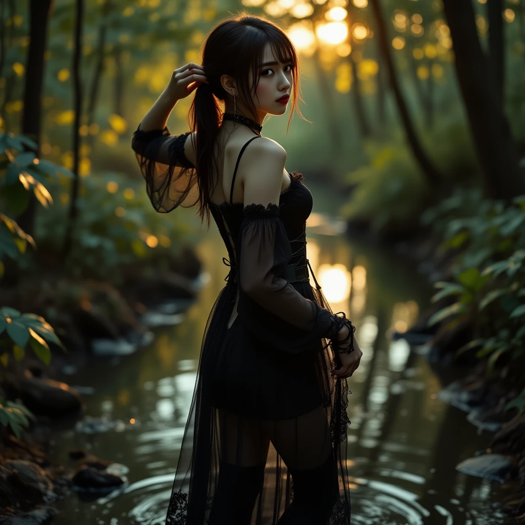 A beautiful woman walks along the banks of a stream in a lush forest, where colorful jellyfish, which emit a pale light at night, float in the air. She has a beautiful face and shining eyes of vivid colors. She wears elaborate and delicate ornaments. Fantastic forest with small jellyfish drifting in the air, luminous on a moonlit night. Detailed drawing. Vivid colors. High image quality. --auto