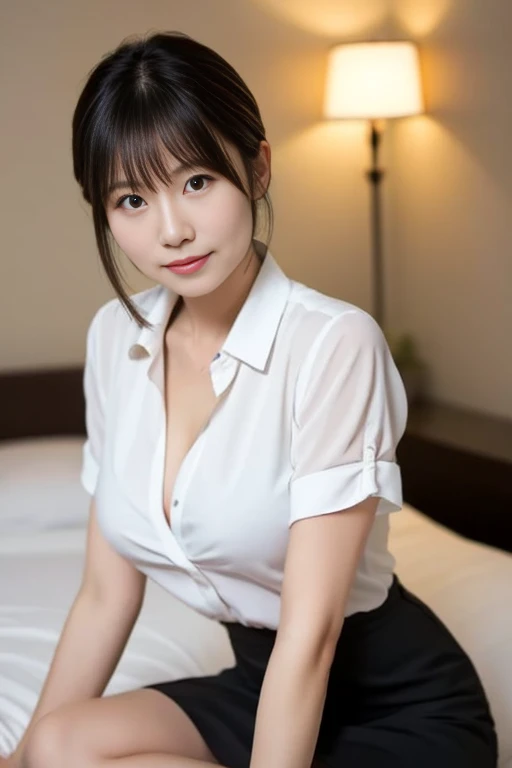 (A beautiful Japanese office lady, age 28, wearing formal White shirt with buttons & grey mini-skirt, squatting in bed at midnight, 😈
seductive expressions, naughty smile, dimpled cheeks, cute snaggle-tooth, short bob hair, short ponytail, symmetrical face, realistic detailed face, beautiful detailed eyes, detailed face, perfect body proportions, ample round bosoms, huge breasts,
photorealistic, hyper-realism, high contrast, ultra HD, realistic skin textures, top image quality, top-quality, super high resolution, fine details, very meticulously, masterpiece, head to knees, High Angle Shot, full body shot, cowboy shot, bokeh background)