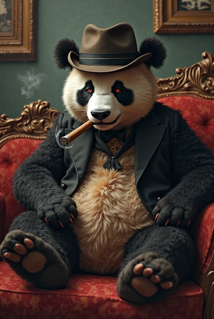 "Create a lifelike image of a buff, heavily tattooed panda leaning back on a leather chair, holding multiple cigarettes in its paws, exhaling a thick, swirling cloud of smoke. The panda’s face is lit with a peaceful smile, and its eyes are half-closed in bliss. The background includes a dimly lit, cozy room with warm lights and thick smoke creating a relaxed atmosphere."