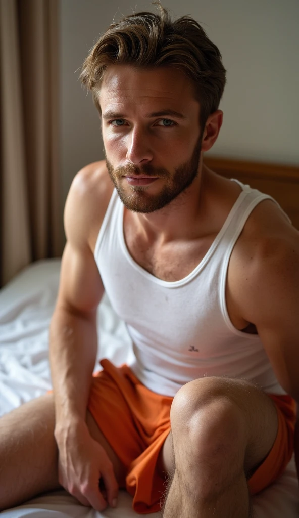 A handsome bald man reading book on the bed with a beard wearing a modern shirt and bracelets