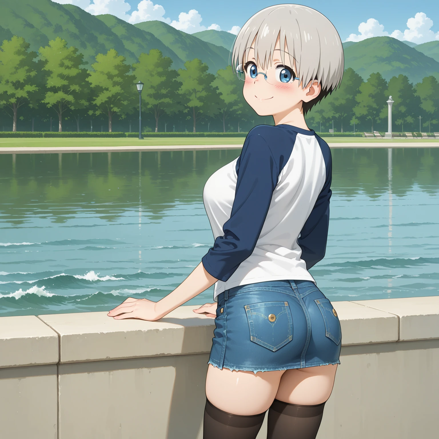((1girl)),((alone)),uzaki hana,(masterpiece), (best quality), (ultra detailed), (best illustration), (best shadow), (absurdities), sharp focus, cowboy photo , looking at viewer, big breasts, narrow waist, wide hips, wide thighs, round butt, dynamic posture, gray hair, short hair, hair between the eyes, bangs, blue eyes, fangs, shirt, raglan sleeves, text in romaji, written clothing, long sleeves, huge breasts, jean shorts, black pantyhose, mocking smile, closed mouth, (sexy pose: 1.2), alone, standing: 1.3, outdoor, night, cityscape, city, streets, street lights the city, looking back, from behind, ((focus on ass)), pov (from middle), red blush, perfect anatomy, perfect hands