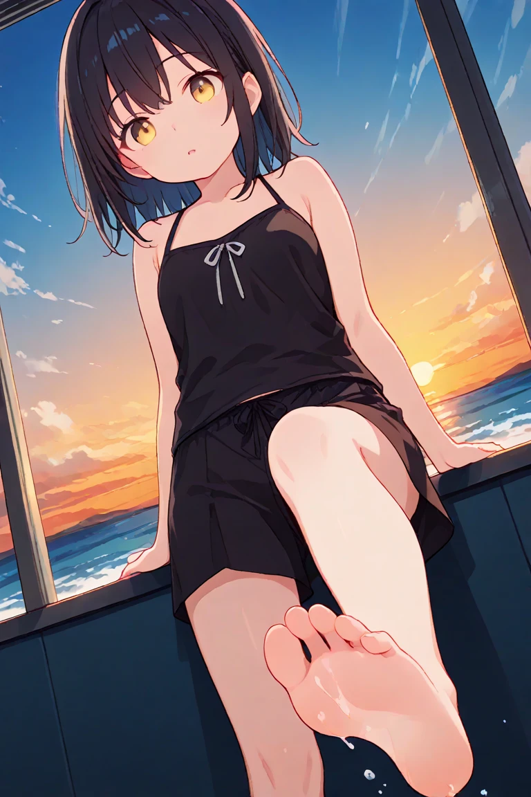 Half black cat girl, short hair, sleeps, wears black underwear, very cute, medium-sized breasts, skinny, sleeps in a bikini on the rooftop, drooling.