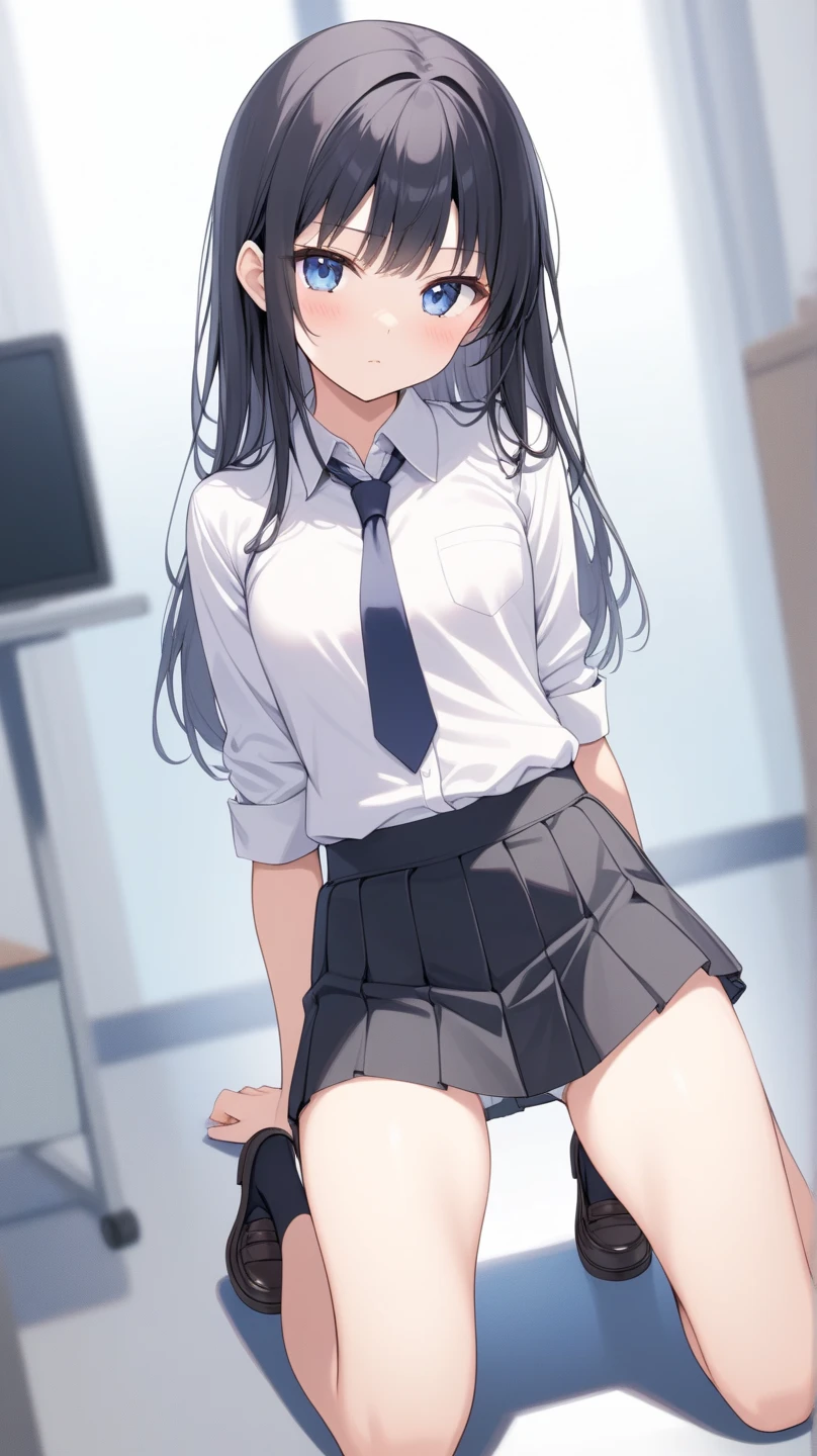 (Masterpiece:1.2), (high quality), (pixiv:1.4), (anime:1.4), wearing underwear, panties, loose socks, black hair, buttocks, brown eyes, blue skirt, solo, blazer type , panties, loose socks, black hair, lifting clothes, brown eyes, blue skirt, pure gaze, miniskirt, herself lift, plaid skirt, kawaii, blush, ((heart-shaped pupils)), (sweat), Long hair, Physical education sitting, beauty legs, Schools