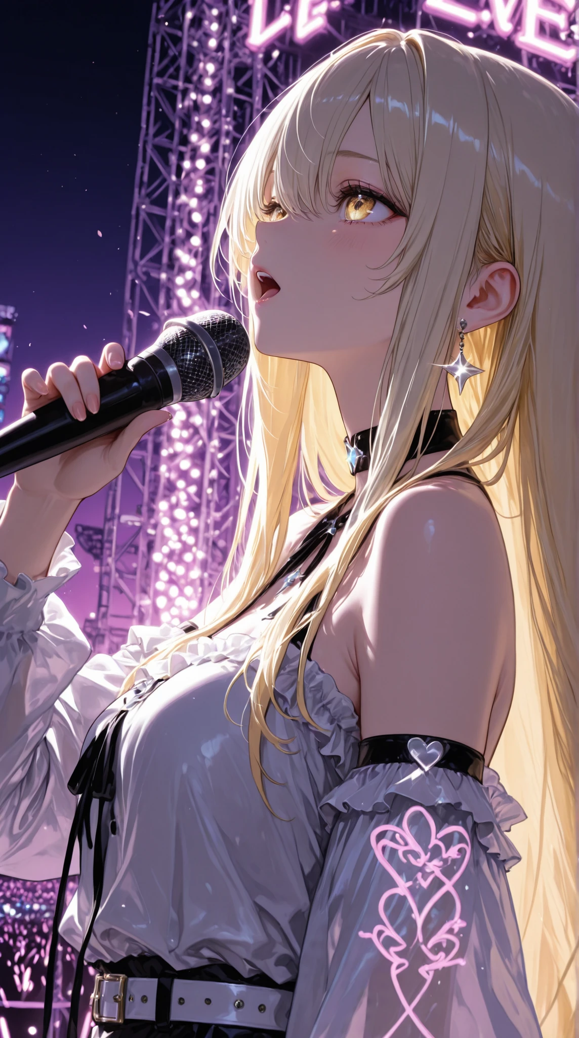 1 girl、Blonde and Silver-Haired Super Long Hair、Singing powerfully、live venue、Outdoor Live、Stage、ベースを演奏しながらSinging powerfully、evening、